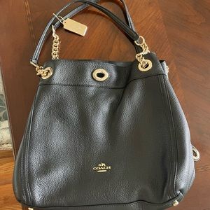COACH 36855 Edie Series large, black pebbled leather shoulder bag.